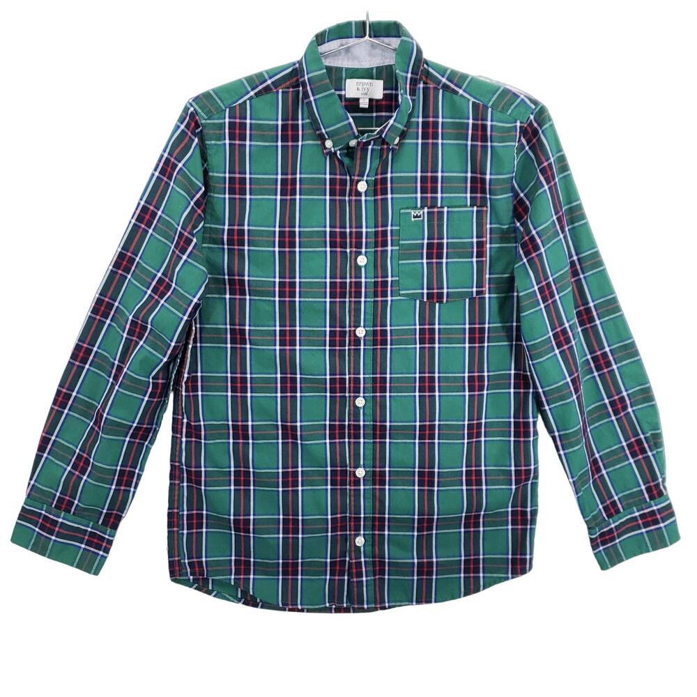 Crown & Ivy Shirt Kid Large Green Plaid Long Sleeve Casual Cabincore Button Down